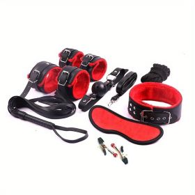 BDSM Bondage Set; Erotic Bed Games; Adults Handcuffs; Nipple Clamps; (Color: Red)
