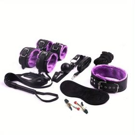 BDSM Bondage Set; Erotic Bed Games; Adults Handcuffs; Nipple Clamps; (Color: Purple)