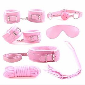 SM Bondage Restraint Set Sex Handcuffs Whip Anal Beads Butt Plug Anal (Color: PU-Pink-7pcs)